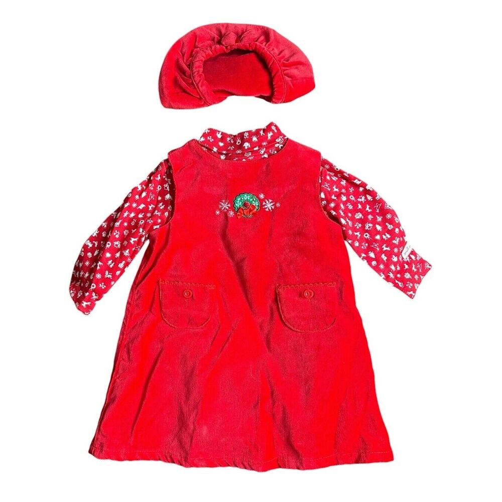 Small Wonders Baby Girl Red Velour Embroidered Christmas Dress with Hat 6-9 M